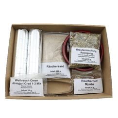 Räucherset „Hausreinigung“ – 9 TLG. – Kräuter-Mischung Reinigung m. Weihrauch Oman Al-Hojari u. Myrrhe - Räucherschale u. Zubehör – Geschenkkarton mit Klarsichtdeckel (Rote Speckstein-Schale)