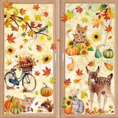 Aonveki 68 Stück Fensterbilder Herbst Selbstklebend, Thanksgiving Herbstdeko Fenster Aufkleber Ohne Kleber, Ahornblätter Kürbis Kleintiere Fensterdeko Herbst für Kinderzimmer Cafe