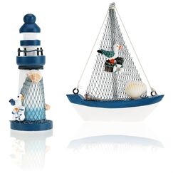 com-four® 2-teiliges maritimes Deko-Set - Segelschiff und Leuchtturm aus Holz im Used-Look (2 Stück Leuchtturm/Segelboot - blau/weiß)