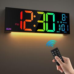 HAITANG 16'' Schwarz große Digitale Wanduhr für Wohnzimmer, Fernbedienung, Dual-Alarm, 8 RGB-Farben, großes LED-Display, automatische Helligkeit, Datum, automatische Sommerzeit, Temperatur