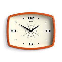 Jones Clocks® Movie wanduhr | Retro rechteckige uhr | 25 cm | Orange | Cooler designer-look im mid-century-stil für küche, wohnzimmer oder büro
