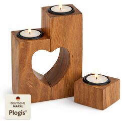 Plogis Teelichthalter Herz aus Akazienholz (3-teilig, 15 cm) – Valentinstag Holz Geschenk für Sie & Freundin – Romantischer Kerzenhalter Holzherz Deko, Jahrestag Liebesgeschenk für Frauen