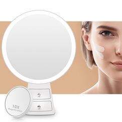 Auxmir Kosmetikspiegel LED Beleuchtet mit 3 Lichtfarben und Dimmbarer Helligkeit, Touchschalter, USB Aufladbar, Premium Schminkspiegel mit 2 Schubladen für Schminken Rasieren und Gesichtspflege