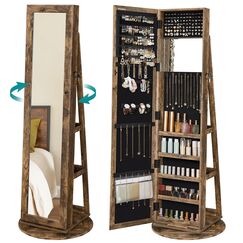 SONGMICS Schmuckschrank, Spiegelschrank, mit Ganzkörperspiegel, um 360° drehbar, Schmuckaufbewahrung, abschließbar, mit Schlüsseln, Schlafzimmer, Geschenkidee, vintagebraun JJC062K01