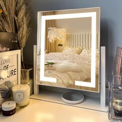 LuxeVue Wickelspiegel mit LED-Lichtern mit 15-facher Vergrößerung mit 3-farbigen Beleuchtungsmodi und intelligenter Berührung, Telefonhalterung, 360-Grad-Drehung (weiß)