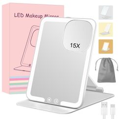 MKUMIR 15/1-fach Wiederaufladbar Schminkspiegel mit Beleuchtung Vergrößerungsspiegel mit Licht Faltbar,3 Farbmodi und Dimmbarer Tischspiegel für Reise Hause