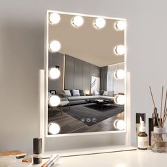 Meidom Hollywood Spiegel mit 12 Dimmbaren LED, 3 Farbmodi und Empfindlichem Touchscreen, 35,5 x 47CM, 360° Drehbarer Schminkspiegel mit Beleuchtung für Schminken, Schlafzimmer, Ankleidezimmer, Weiß