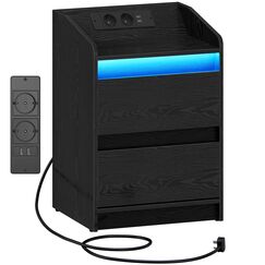 Hzuaneri Nachttische mit LED-Lichtern, Ladestation und 2 Schubladen, Beistelltisch mit USB-Anschlüssen & Steckdosen, Stilvoll und vielseitig, für Wohnzimmer und Schlafzimmer, Schwarz NS30004X