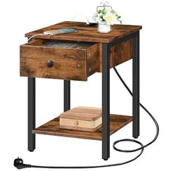 HOOBRO Nachttisch mit Ladestation und USB-Anschlüssen, Beistelltisch mit Schublade und Ablage, Nachtschrank für kleine Räume und Schlafzimmer, Vintagebraun-Schwarz EBF40CBZ01