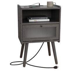 Mid Century Moderner Nachttisch mit Ladestation, Nachttische mit Glastür, Beistelltisch mit 2 Etagen Stauraum, für Schlafzimmer, Wohnzimmer, Dunkelgrau