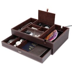 BY for Kitchen & Home Schmuck Organizer für Männer, 2-Lagen Nachttisch Organizer für Männer und Frauen, Leder Schmuck Aufbewahrungsbox, Herren Key Organizer für Schmuck Schlüssel Geldbörse und Telefon