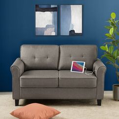 Zinus Sayan Loveseat Sofa mit USB-Anschlüssen Mid-Century Einfache Montage ohne Werkzeug Getuftete Kissen Abgerundete Armlehnen Sofa in Einer Box Sand Grey 2-Seater