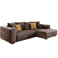 Cavadore Ecksofa Mavericco / Polster Eck-Couch mit Kissen in Antik-Leder-Optik und Holzfüßen / Longchair rechts / 285 x 69 x 170 / Mikrofaser Braun