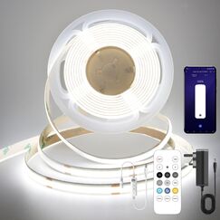 FUIQI COB LED Streifen 5m,Tageslichtweiß 6000K LED Streifen 24V Mit Adapter,Smart App und Fernbedienung Dimmbar LED Band,320LED/M,CRI>90,8mmbreit,geeignet für Schlafzimmer,Küchen,Schränke