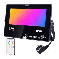 DUSKTEC RGB Strahler LED Fluter Innen Außen, Flutlichtstrahler Bunt 230V APP Dimmbar 30W, Smart LED Flutlicht Aussenstrahler mit Stecker Bluetooth, Scheinwerfer Outdoor Farbwechsel für Bäume Garten