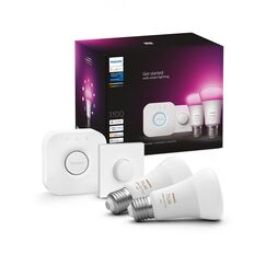 Philips Hue White & Color Ambiance Starter Set mit E27 Lampen 2-er Pack (1100), Smart Button + Hue Bridge, 16 Mio. Farben per Sprache und App steuerbar