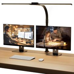 SIBRILLE Schreibtischlampe LED, Doppelkopf Schreibtischlampe Dimmbar, Klemmbar Desk Lamp für Büro, Augenschutz Monitor Lampe Tageslichtlampe, PC Lampe Tischlampe mit Schwanenhals, Schwarz