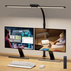 VUENICEE Doppelkopf Schreibtischlampe LED,Tischlampe Dimmbar mit Fernbedienung,20W Schreibtisch Lampe Klemmleuchte Bürolampe, 5 Farb & Helligkeitsstufen, Verstellbare Schwanenhals