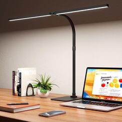 Kaulsoue Doppelkopf Schreibtischlampe LED dimmbar, Schreibtischlampen mit Fuß, 24W 80cm Tageslichtlampe, Augenpflege 5 Farbtemperaturen 5 Helligkeit, für Arbeit,Haus,Büro,Schlafsaal, Studie,Lesen