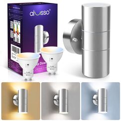 ALUSSO Außenwandleuchte, Auf- und Abwärtsleuchte aus Edelstahl, 2 x 8 W GU10-LED-Leuchtmittel enthalten, 3 Farbtemperatur, IP65-wasserdichtes Silber-Außensicherheitslicht für Flur-Veranda