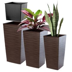 KADAX 3er Set Pflanzkübel mit Innentopf 36/46,5/57,5 cm Höhe, Mokka – wetterfeste & robuste Blumenkübel aus Kunststoff, Blumentöpfe für Innen- & Außenbereich