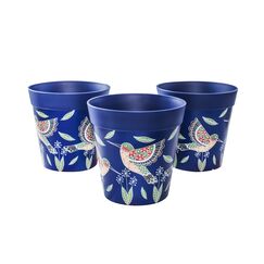 Hum Flowerpots, 15cm, 3er-Set, in Verschiedenen Farben und Mustern, Blumentöpfe aus Kunststoff für Drinnen und Draußen, Blaue Kolibris