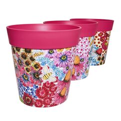 Hum Flowerpots, 22 cm, 3er-Set, in Verschiedenen Farben und Mustern, Blumentöpfe aus Kunststoff für Drinnen und Draußen, Rosa Blumen und Bienen