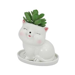 Gemseek Ceramic Dinosaur Succulent Planter Pot with Drainage Tray, White T-Rex Cactus/Flower Container, Animal Bonsai Holder for Indoor Plants