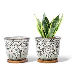 G EPGardening Braun Retro Großer Übertopf Topf Sukkulenten Übertopf Rund Keramik Pflanztopf Blumentopf Indoor Pflanzschale Container mit Bambus Tablett Drainage Loch Kunststoff Mesh 2er Set