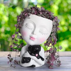 WEWEOW Gesichtspflanzgefäß, Kopf für drinnen und draußen, Pflanztopf mit Hund, Sukkulenten-Übertopf mit Ablaufloch, niedliche Damengesicht-Blumentöpfe (weiß)