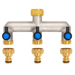 3-Wege Wasserhahn Wasserverteiler aus Messing für 3 Geräte/Gartenschläuche, 3er Verteiler 3/4" Adapter 1/2" mit Kugelhahn zum Einstellen und Absperren des Wasserflusses