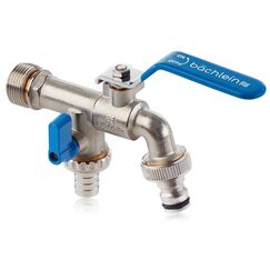 Bächlein Universal Doppel Auslaufhahn für den Garten [blau] inkl. 2 Schlauchanschlüssen - edler Doppelwasserhahn mit 1/2 Zoll Anschluss und 3/4 Zoll Adapter, Doppel Kugel-Auslaufventil