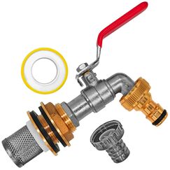 Regentonnendurchführung + 2 Dichtungen für Loch Durchmesser 27mm + Hahn 1/2" Zoll AG Außengewinde + 13mm Schlauch Tülle + Stecker für Gardena Kupplung + Edelstahl Filter + Rolle Dichtband Tank Fass