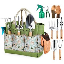 Grenebo Gartenwerkzeug Set,9 Stück Garten Werkzeug mit Gartengeräte Organizer Handtasche, Rostfreies und ergonomisches Gartengeräte Set, Ideale Gartengeschenke für Frauen für Gartenliebhaber geeignet.