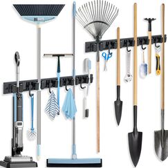 Airminti Besenhalterung Wand, 2 Stück Gartengerätehalter mit 5 Halter 4 Haken, Verschiebbar Abnehmbar Wandhalterung Besen Gerätehalter Edelstahl Selbstklebend für Zuhause Küche Badezimmer (schwarz)