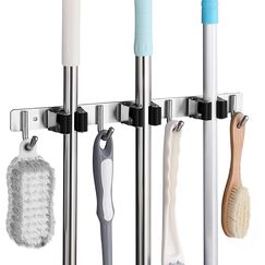 SHYOSUCCE Edelstahl Besenhalter, Besenhalterung Wand mit 3 Schlitze und 4 Haken, Gerätehalter Wandhalterung für Küche, Badezimmer, Garage und Garten, Schwarz