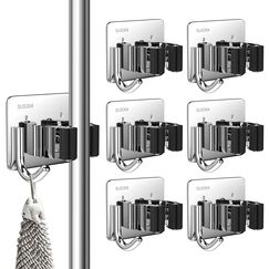 3-H Besenhalterung Wand Selbstklebend, 6 Stück Gerätehalter Besenhalter ohne Bohren, Edelstahl Besen Wandhalterung mit Haken, Gartengerätehalter, Werkzeughalter für Küche Badezimmer Garten, Silber