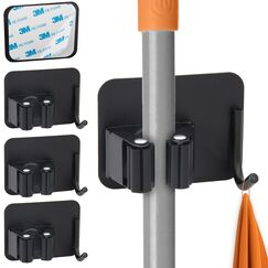 ECENCE Besenhalterung Wand selbstklebend - 4 Stück Besenhalter aus Edelstahl, Gerätehalter ohne Bohren - Mophalterung für Küche, Bad, Balkon & Garten - in Schwarz