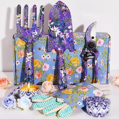 Gartengeschenke für Frauen, 6-teiliges Gartengeräte-Set mit Blumendruck, inklusive Kelle, Gabel, Schere, 2 Kerzen und Handschuhe, Muttertags-Geburtstagsgeschenke für Mutter, Gärtnerinnen (lila)