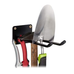 Relaxdays 4 x Gerätehalter Wandhalterung, Doppelhaken, Besenhalter, Spatenhalter zum Anschrauben, Wand, Stahl, 24cm, schwarz