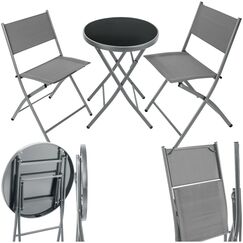 tectake® Bistroset, Tisch und 2 x Stuhl, Kleiner runder Esstisch, Klapptisch und Klappstühle Set, platzsparende Möbel Outdoor wetterfest für Balkon, Terrasse, Gartenmöbel - grau
