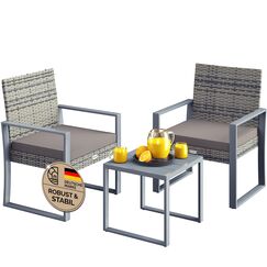 Casaria® Balkonmöbel Set WPC Tisch 160kg Belastbarkeit Polyrattan 2 Stühle Auflagen höhenverstellbare Füße Outdoor Wetterfest Garten Balkon Möbel Lounge Grau