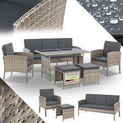 Juskys Polyrattan Gartenmöbel Sitzgruppe Turin Set 6 teilig - 7 Personen - Outdoor Möbel mit Sessel, Hocker, Tisch & Kissen - Garten Loungemöbel grau-meliert