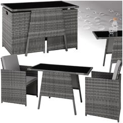 tectake® Poly Rattan Sitzgruppe für 2 Personen, Outdoor Möbel platzsparend zusammenschiebbar, 2 Sessel & 1 Tisch, ideales Balkon Lounge Set, Gartenmöbel, Terrassenmöbel wetterfest - grau