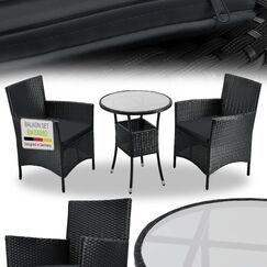 Juskys Polyrattan Balkon Set Bayamo 2 Personen - Tisch mit Glasplatte & 2 Stühlen - Wetterfeste Balkonmöbel - Auflagen waschbar - schwarz - grau
