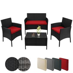 BB Sport Poly Rattan Sitzgruppe 4 Personen Tisch 2 Stühle Sitzbank 5cm Dicke Sitzpolster Balkonmöbel Set Sitzgarnitur Balkon Terrasse Garten Outdoor, Farbe:Titan-Schwarz/Abendsonne