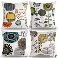 RYBornament 4er Set Dekorativ Kissenbezug 45x45 Blume Kissenhülle Sofakissen Outdoor Kissen Beige Abstrakter Kissenbezug Vintage Bauernhaus Leinen Quadratischer Kissen Für Sofa,Wohnzimmer Garten