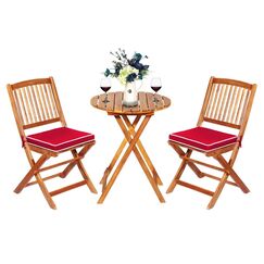 COSTWAY 3tlg. Balkonmöbel Set, Bistrotisch mit 2 Stühlen, klappbares Balkonset aus Akazienholz mit 2 Kissen, Bistroset, Gartengarnitur, Gartenmöbel, Sitzgarnitur, Sitzgruppe für Garten, Balkon (Rot)