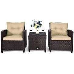 COSTWAY Rattan Gartenmöbel Set, 3-TLG. Balkonmöbel inkl. 2 Sessel, Kissen & Tisch mit gehärteter Glasplatte, Balkon Möbel klein, Wetterfeste Sitzgruppe 2 Personen, Terassenmöbel für Garten Balkon