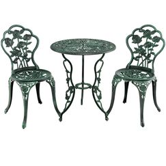 GIANTEX 3-teiliges Bistro Set, Bistrotisch mit 2 Stühlen, Gartenmöbel Set Aluminium, Gartenset Balkonset Antik, Runder Gartentisch, Balkonmöbel Set Garten Sitzgruppe 2 Sitzhocker Outdoor (Bronzegrün)